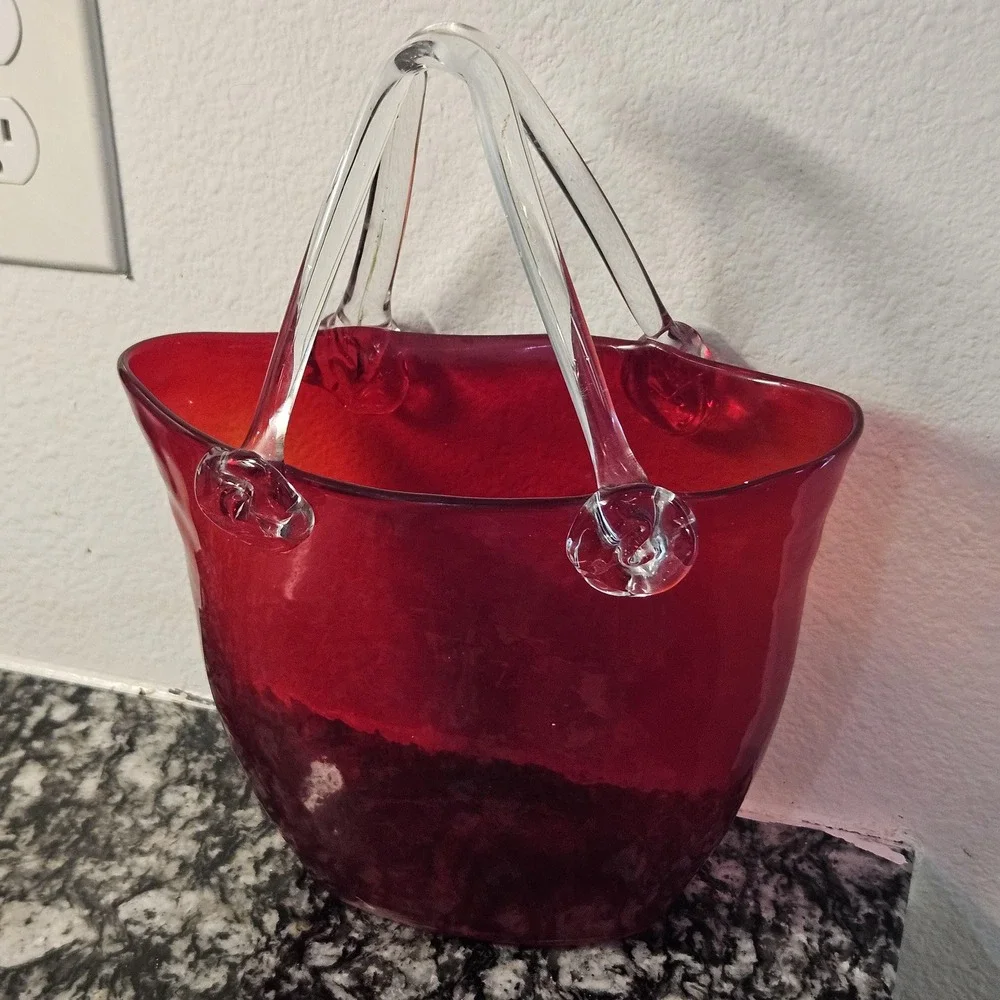 HandBlown Studio Art Glass Purse Vase Red Bag With Clear‎ Handles